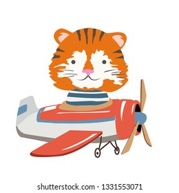 Cartoon tiger fly on a airplane. Image for children clothes, postcards.