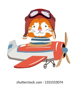 Cartoon tiger fly on a airplane. Image for children clothes, postcards.