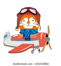 Cartoon tiger fly on a airplane. Image for children clothes, postcards.