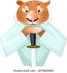 Cartoon tiger in the form of an ancient samurai warrior. Strong, courageous, balanced, powerful. Vector illustration
