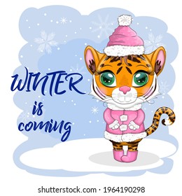 Cartoon tiger in a fur coat and boots on a winter background, Winter is coming. Children's stylistics, cute. Symbol of 2022 New Year and Christmas