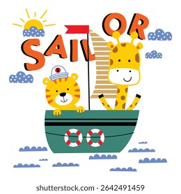 Cartoon tiger and giraffe sailing together on boat with bright clouds and cheerful sea scene. Children illustration concept
