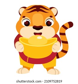 Cartoon tiger with golden boat yuanbao ingot. Happy Chinese new year celebration character for 2022 year of tiger. vector clip art