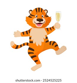 Cartoon tiger happily holding a champagne glass, celebrating. The tiger looks joyful and is in a party mood, making it perfect for festive, celebration, or party-themed illustrations