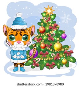 Cartoon tiger in a hat, fur coat, boots wishes Happy New Year 2022 near the Christmas tree. Children's style, sweetheart. Symbol of the year 2022. Greeting card