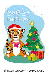 Cartoon tiger in a hat with a gift near the Christmas tree. Winter time. Children's style, sweetheart. Happy New Year 2022 and Merry Christmas. greeting card