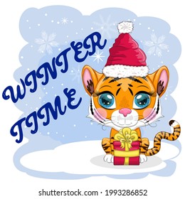 Cartoon tiger in a hat and scarf with a gift. Winter time. Children's style, sweetheart. The symbol of the New Year 2022. Greeting card