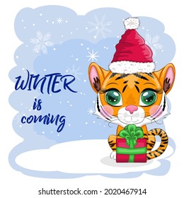 Cartoon tiger in a hat and scarf with a gift. Winter time. Children's style, sweetheart. The symbol of the New Year 2022. Greeting card