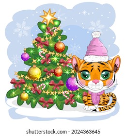 Cartoon tiger in a hat and scarf with a gift near the Christmas tree. Winter time. Children's style, sweetheart. Happy New Year 2022 and Merry Christmas. greeting card