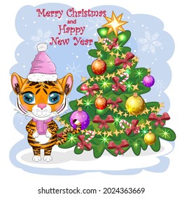 Cartoon tiger in a hat and scarf near the Christmas tree. Children's style, sweetheart. The symbol of the New Year 2022. Greeting card