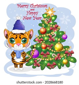 Cartoon tiger in a hat and scarf near the Christmas tree. Children's style, sweetheart. The symbol of the New Year 2022. Greeting card
