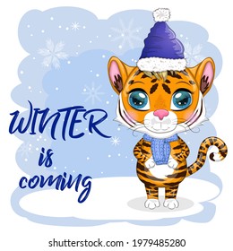 Cartoon tiger in a hat and scarf on a winter background, Winter is coming. Children's stylistics, cute. Symbol of 2022 New Year and Christmas
