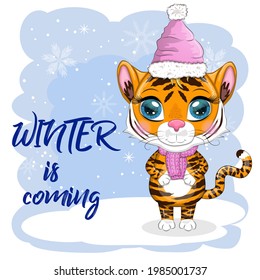Cartoon tiger in a hat and scarf on a winter background, Winter is coming. Children's stylistics, cute. Symbol of 2022 New Year and Christmas