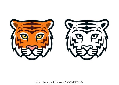 Cartoon Tiger Head, Color And Black And White. Mascot Face Front View, Logo Design Element. Isolated Vector Clip Art Illustration.