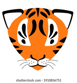 Cartoon tiger head, cute tiger cub. Vector illustration isolated on white background