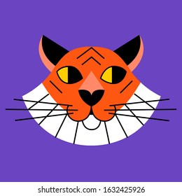 Cartoon tiger head face vector template. Good for creating logo, icon,  badge, pin, prints. Hand drawing vector illustration.