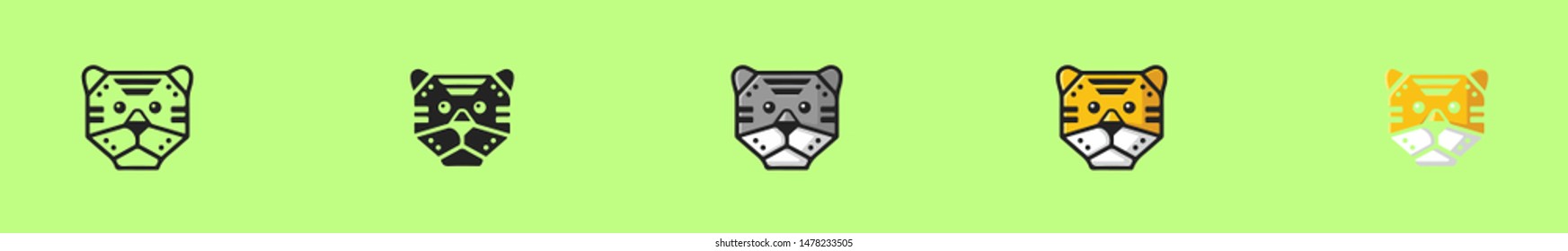 Cartoon tiger head logo. Toy face wild animal for nursery t-shirt, kids apparel, invitation, UI, UX. Six icons - linear, solid, black and white, color line, multicolored. Flat vector illustration icon
