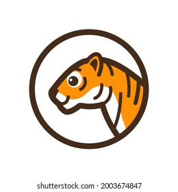 Cartoon tiger head. Simple contour vector illustration for emblem, badge, insignia.
