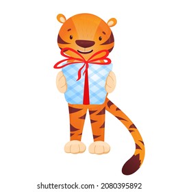 Cartoon tiger holding a gift box isolated on white background. Vector tiger cub gives. Symbol of 2022. New Year's holidays. Vector drawing in a flat style on a white background.