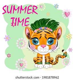 Cartoon tiger hula dancer. Hawaii, Vacation, Sea. Summer is coming. Children's style, sweetheart. Symbol of the New Year 2022