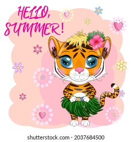 Cartoon tiger hula dancer. Hawaii, Vacation, Sea, Vacation. Summer is coming. Children's style, sweetheart. Symbol of the New Year 2022