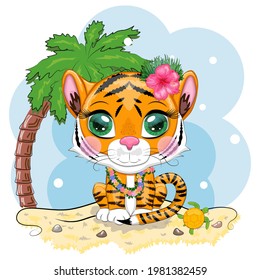 Cartoon tiger hula dancer on the beach with palm tree and sea. Hawaii, Vacation, Sea. Children's style. Symbol of the New Year 2022