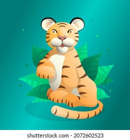 Cartoon tiger isolated on turquoise background with green leaves.