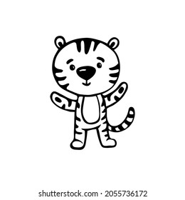 Cartoon tiger isolated on a white background with black outline. Coloring Page. Vector illustration