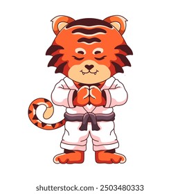 cartoon tiger in karate uniform doing a salute. Illustration of animal character and martial arts. Hand drawn design on white background