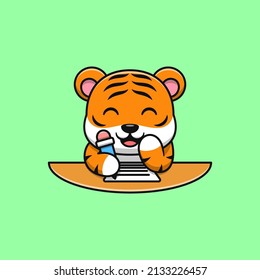 Cartoon tiger learning to write. Flat cartoon style.
