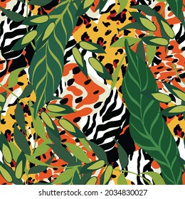 Cartoon Tiger and Leaves Vector Seamless Pattern. Summer Cheetah Print. Jungle Background. Jaguar and Palm Bright Abstract Illustration.