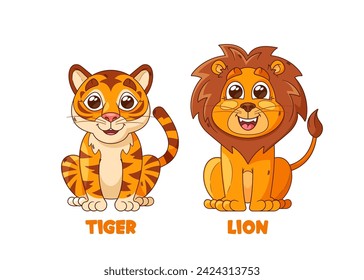 Cartoon Tiger And Lion Characters With Playful Expressions, Showcasing African Flair. Bold Stripes Adorn The Tiger