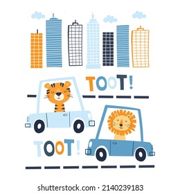 cartoon tiger and lion driving cars vetcor illustration