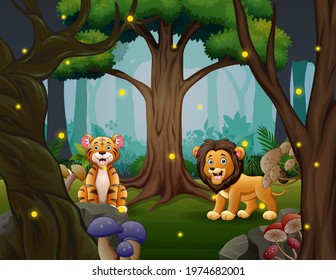 Cartoon a tiger and lion playing in the beautiful forest