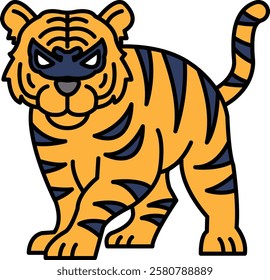 A cartoon tiger with a mask on its face and a menacing look on its face. The tiger is standing on a white background