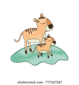 cartoon tiger mom and cub over grass in colored crayon silhouette