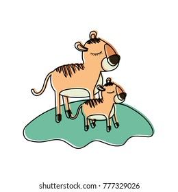 cartoon tiger mom and cub over grass in watercolor silhouette