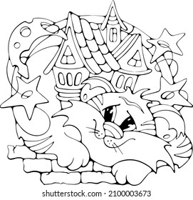 Cartoon Tiger with moon, stars and houses. Cute doodle hand-drawn vector outline stock illustration, isolated smiling character for children coloring books, prints, postcards, mascot or logo