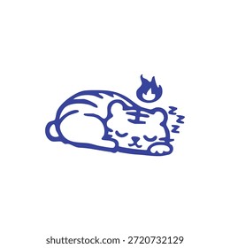 Um tigre de desenho animado cochila, com fogo acima de sua cabeça e "z"s