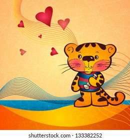Cartoon tiger on a bright abstract background