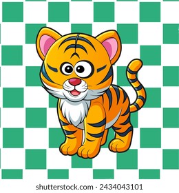 Cartoon tiger on a checkered background. Chess board. Vector illustration.