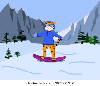 cartoon tiger on a snowboard in the mountains, vector isolated on a white background.