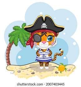 Cartoon tiger pirate in a striped T-shirt, cocked hat, with an eye patch. Hawaii, Vacation, Sea. Summer is coming. Children's style, sweetheart. Symbol of the New Year 2022