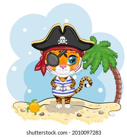 Cartoon tiger pirate in a striped T-shirt, cocked hat, with an eye patch. Hawaii, Vacation, Sea. Summer is coming. Children's style, sweetheart. Symbol of the New Year 2022
