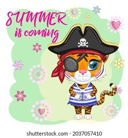 Cartoon tiger pirate in a striped T-shirt, cocked hat, with an eye patch. Hawaii, Vacation, Sea. Summer is coming. Children's style, sweetheart. Symbol of the New Year 2022