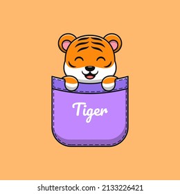 Cartoon tiger in pocket. Flat cartoon style.