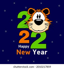Cartoon tiger portrait, symbol of 2022. Banner Happy New Year on a blue background 