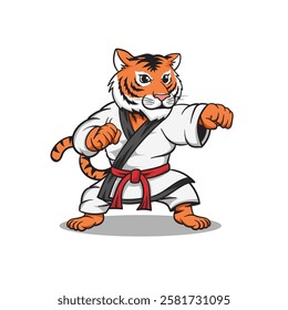 cartoon tiger posing karate mascot character design vector, logo template isolated on white background