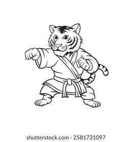 cartoon tiger posing karate mascot character design vector, logo template isolated on white background