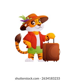A cartoon tiger is ready for vacation, he is dressed in a red shirt, green shorts and a hat. The tiger is holding a suitcase and winking an eye.